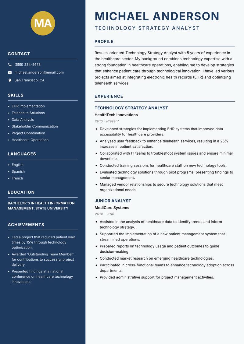 Technology Strategy Analyst resume sample — Technology Strategy Analyst focus