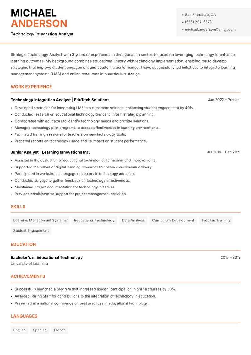 Technology Strategy Analyst resume sample — Technology Integration Analyst focus