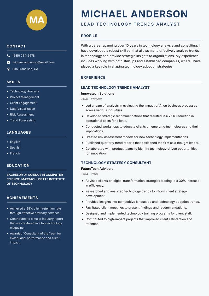 Technology Trends Analyst resume sample — Lead Technology Trends Analyst focus