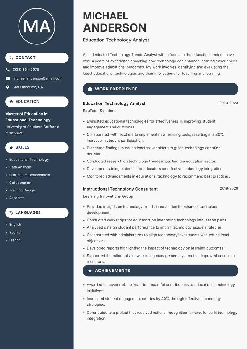 Technology Trends Analyst resume sample — Education Technology Analyst focus