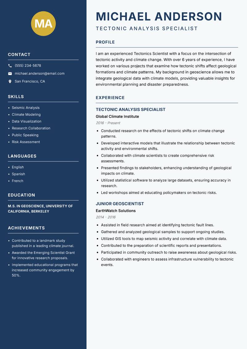 Tectonics Scientist resume sample — Tectonic Analysis Specialist focus