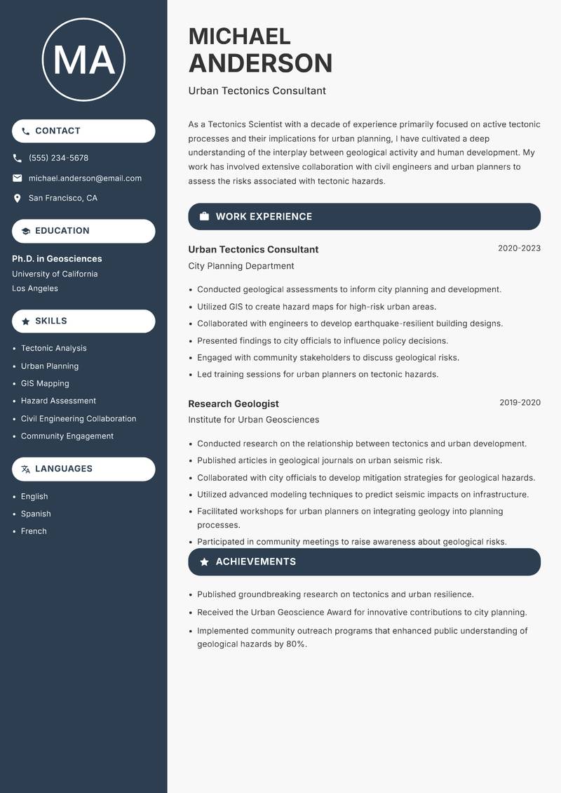 Tectonics Scientist resume sample — Urban Tectonics Consultant focus