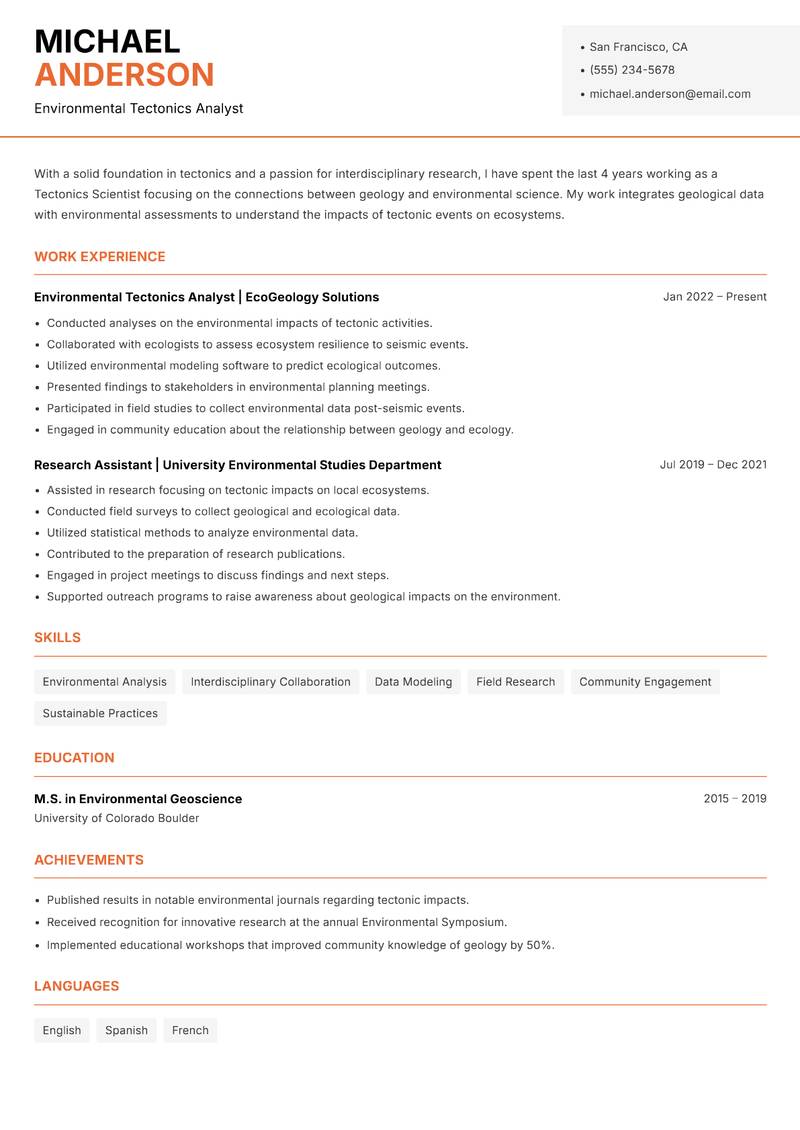 Tectonics Scientist resume sample — Environmental Tectonics Analyst focus