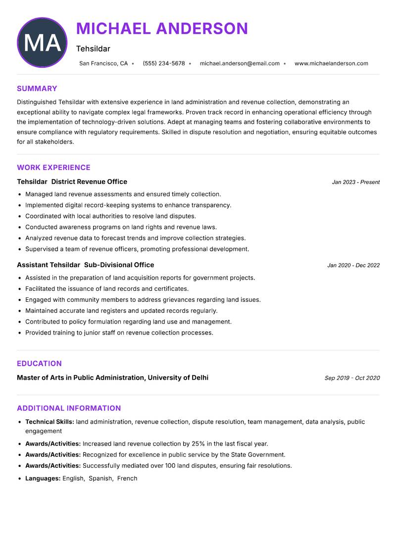 Tehsildar resume example
