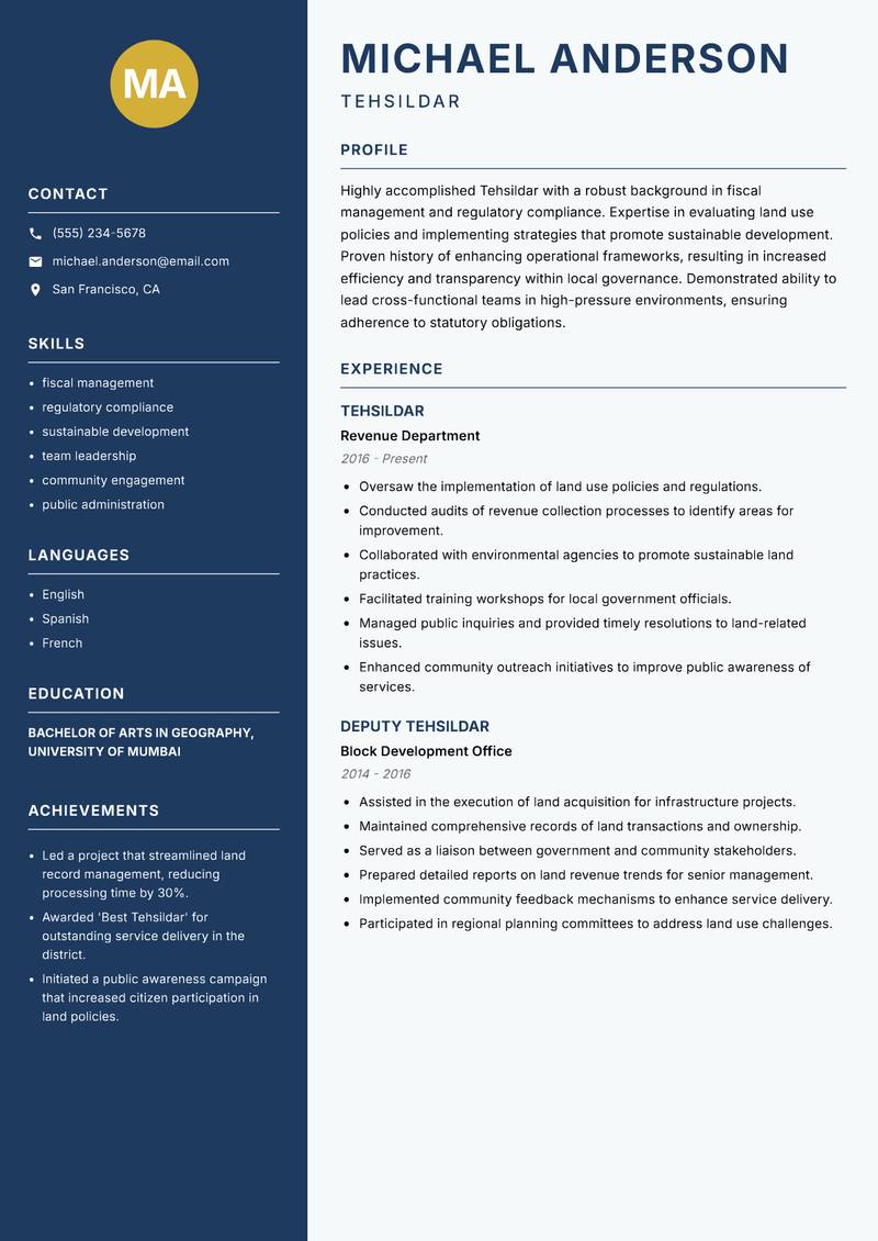 Tehsildar resume sample — Tehsildar focus
