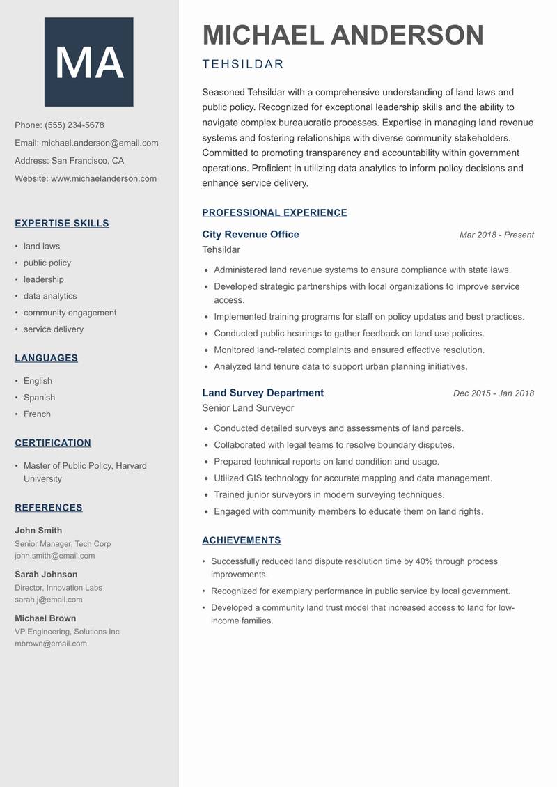 Tehsildar resume sample — Tehsildar focus