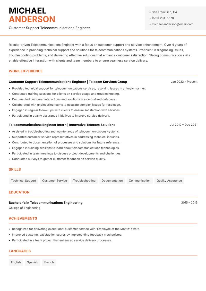 Telecommunications Engineer resume sample — Customer Support Telecommunications Engineer focus