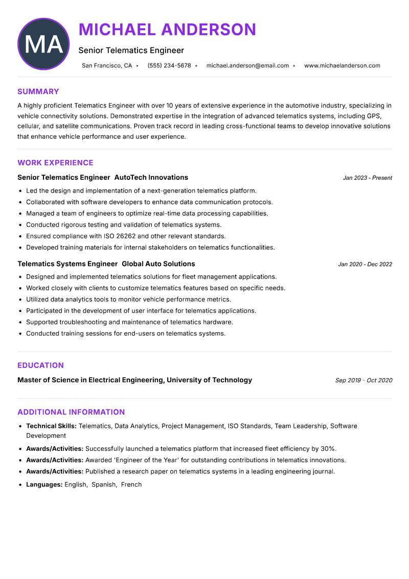 Telematics Engineer resume example