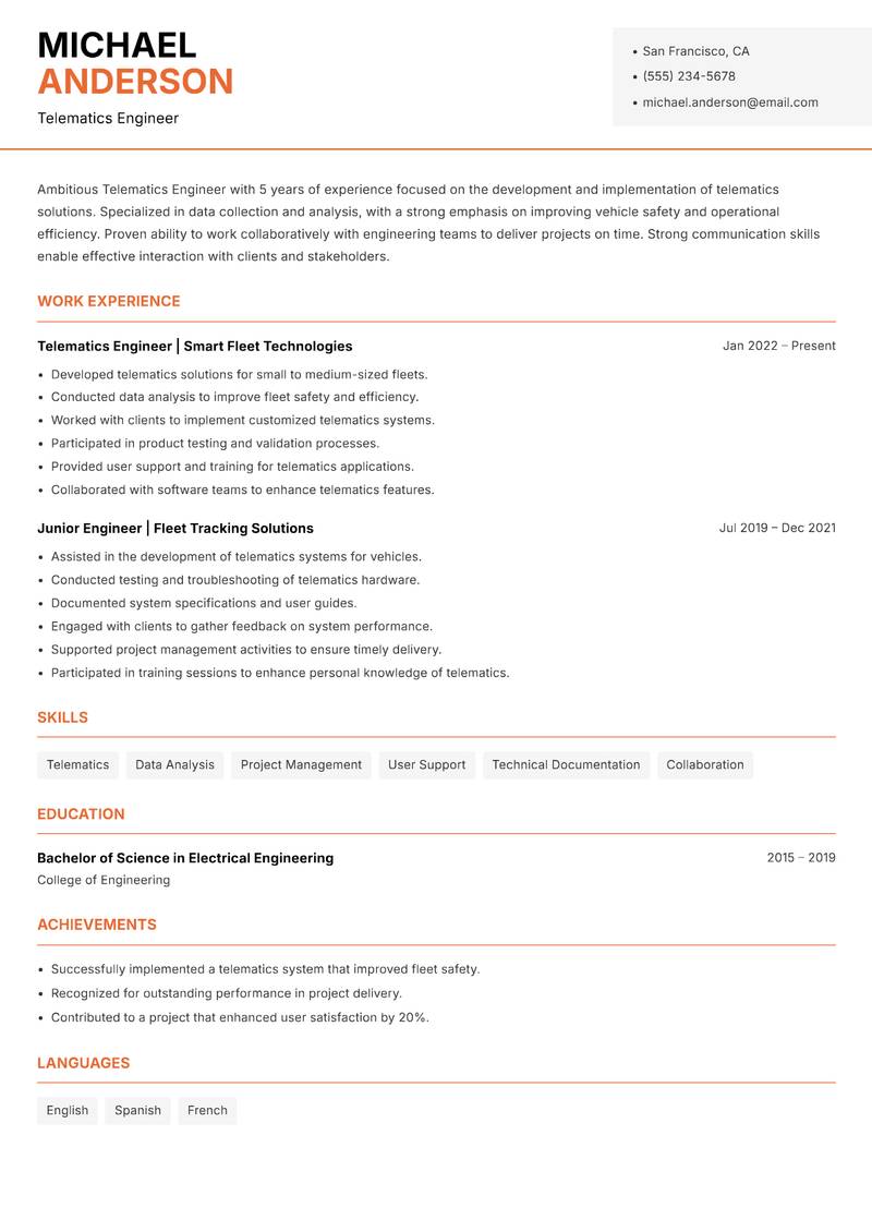 Telematics Engineer resume sample — Telematics Engineer focus