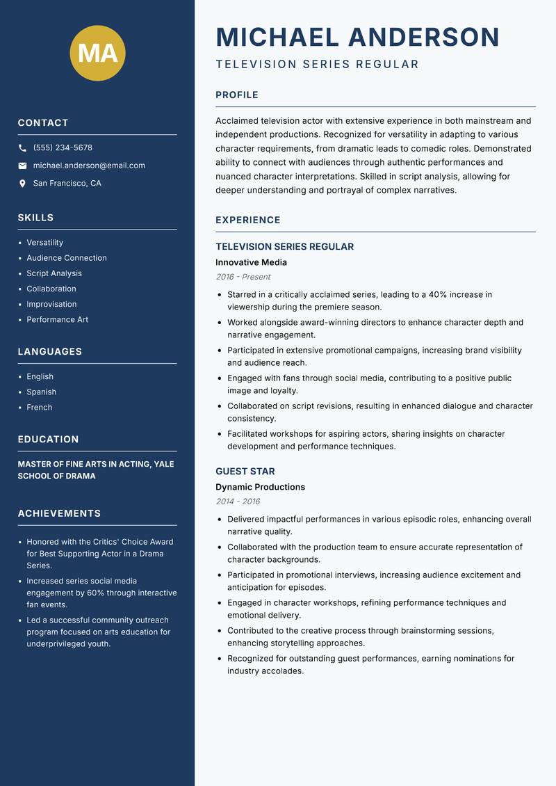 Television Actor resume sample — Television Series Regular focus