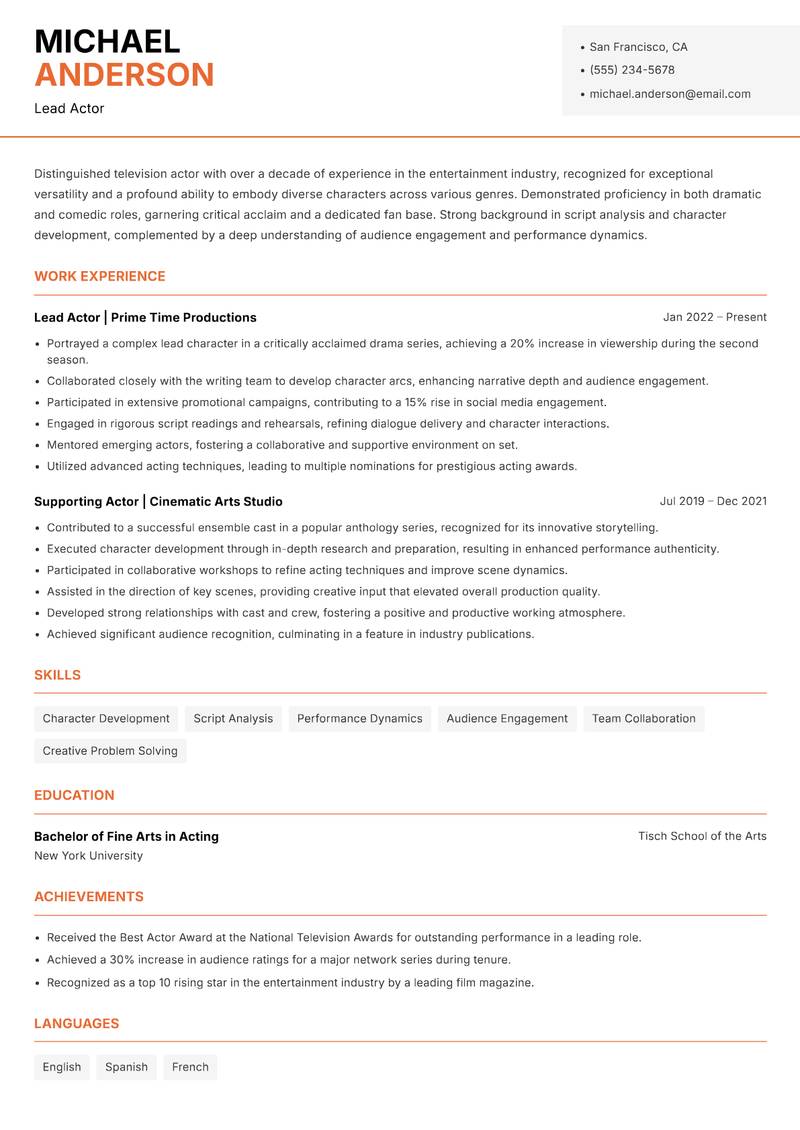 Television Actor resume sample — Lead Actor focus