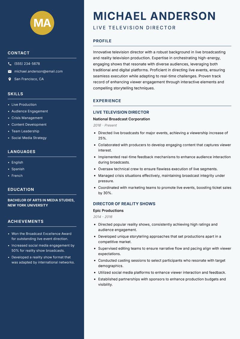 Television Director resume sample — Live Television Director focus