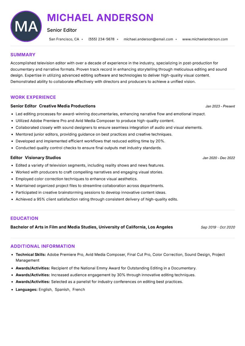 Television Editor resume example