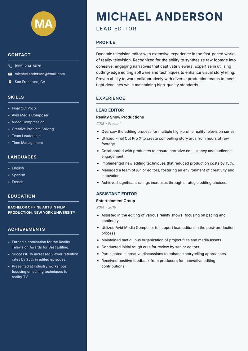 Television Editor resume sample — Lead Editor focus
