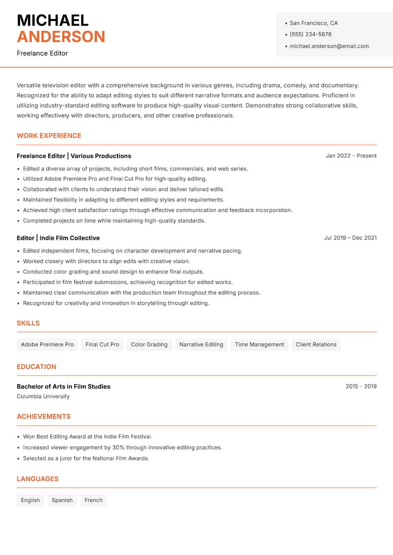 Television Editor resume sample — Freelance Editor focus