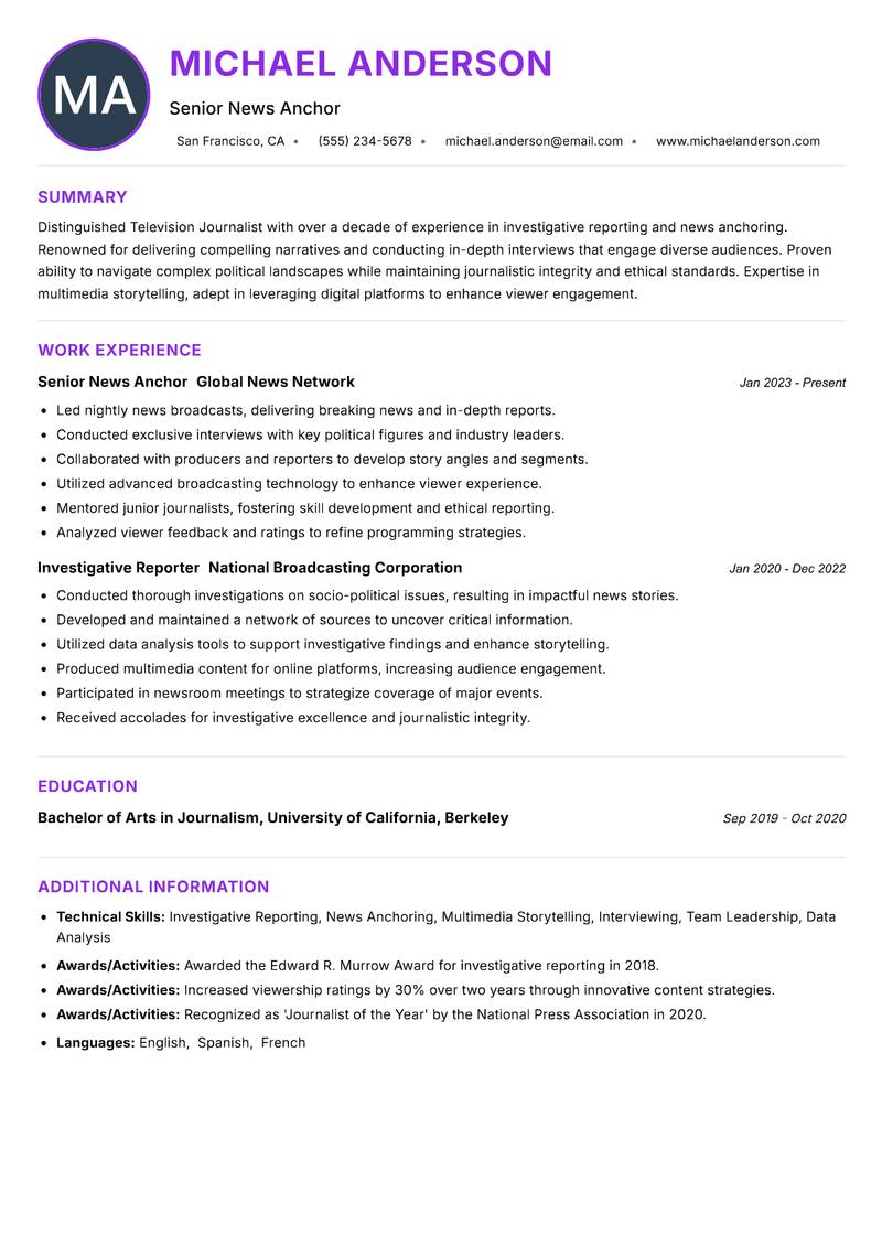 Television Journalist resume example