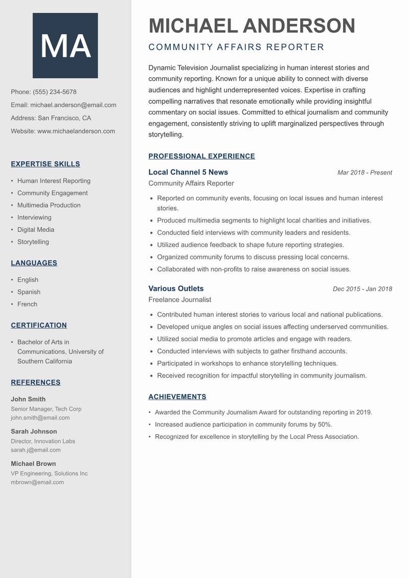 Television Journalist resume sample — Community Affairs Reporter focus