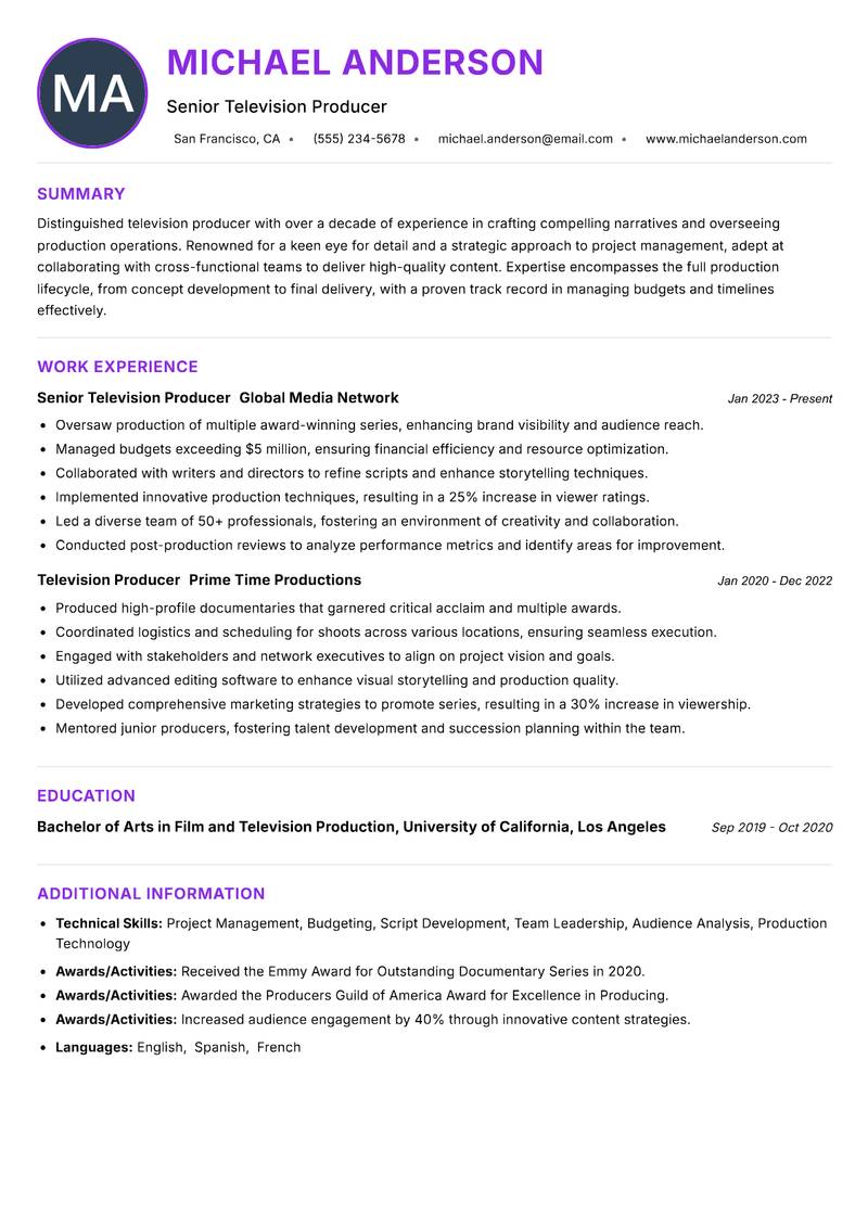 Television Producer resume example