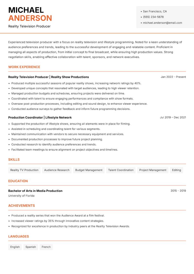 Television Producer resume sample — Reality Television Producer focus