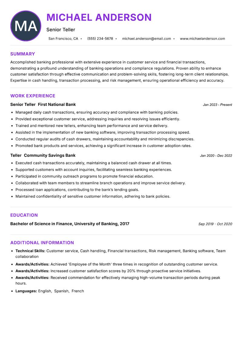 Teller resume example