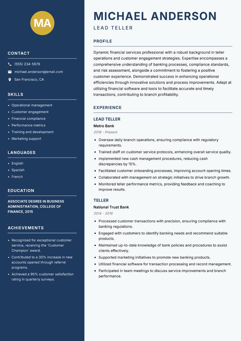 Teller resume sample — Lead Teller focus