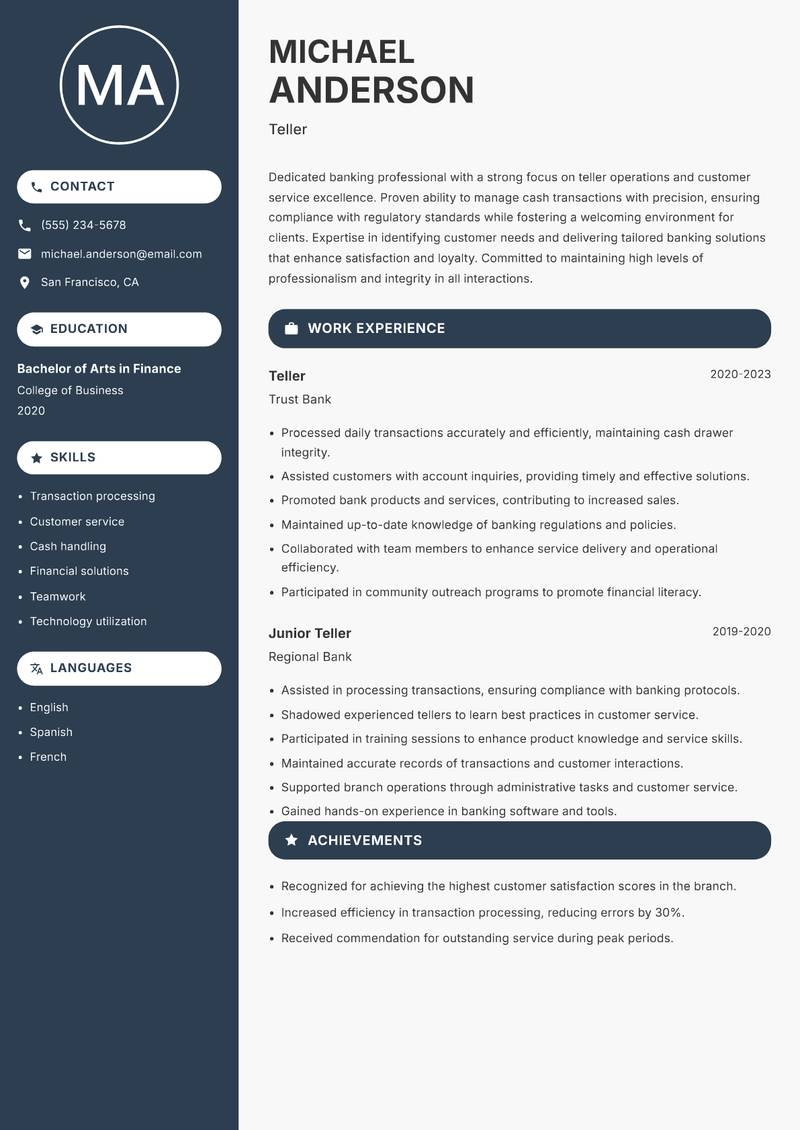 Teller resume sample — Teller focus