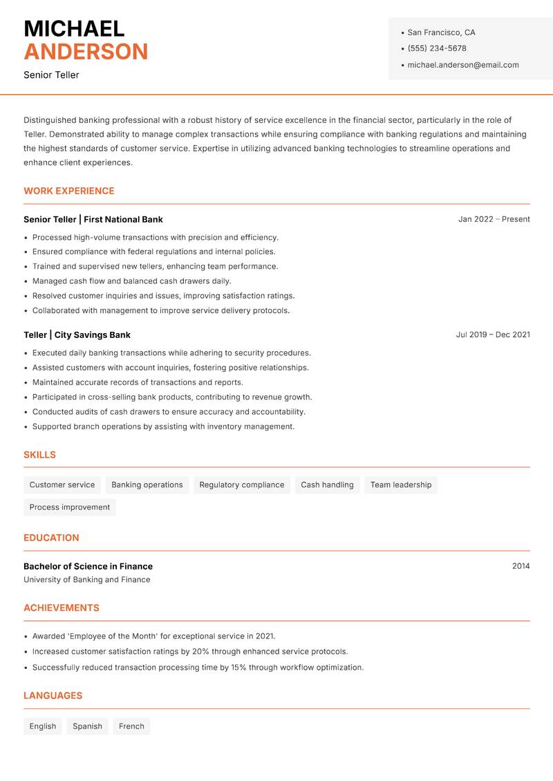Teller resume sample — Senior Teller focus