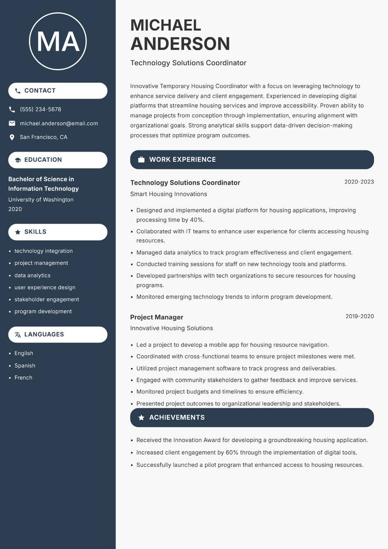 Temporary Housing Coordinator resume sample — Technology Solutions Coordinator focus