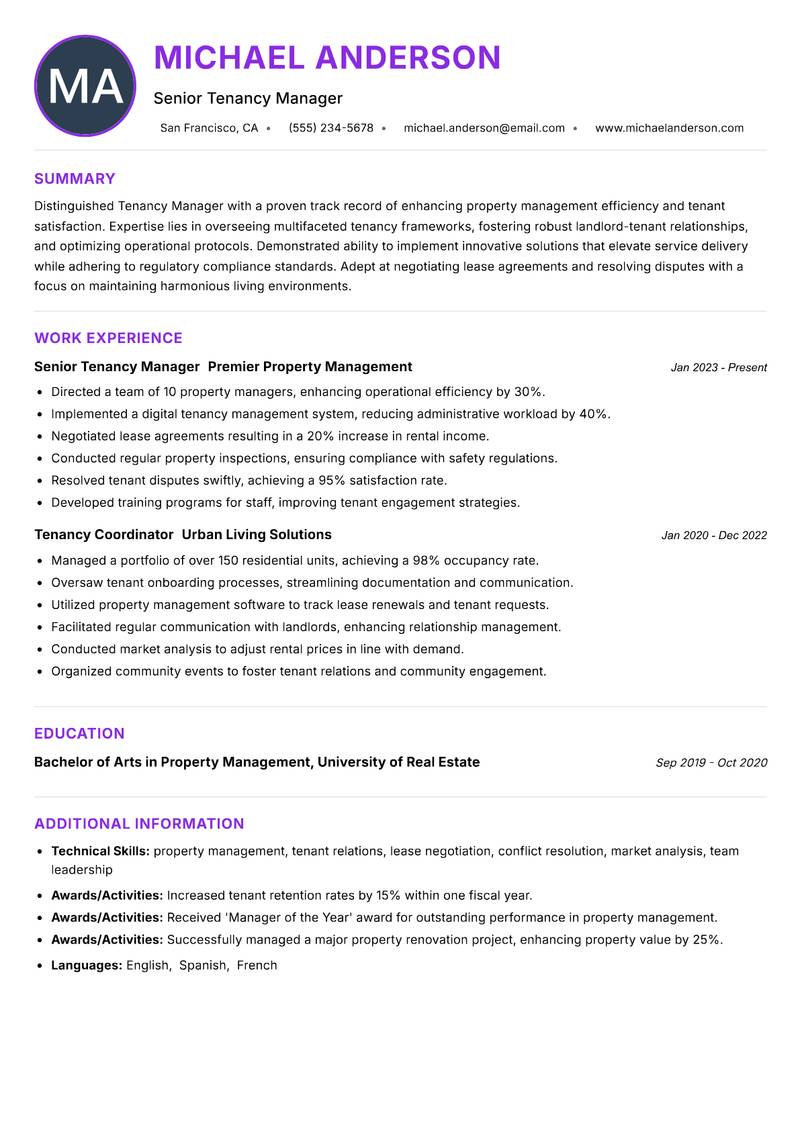 Tenancy Manager resume example