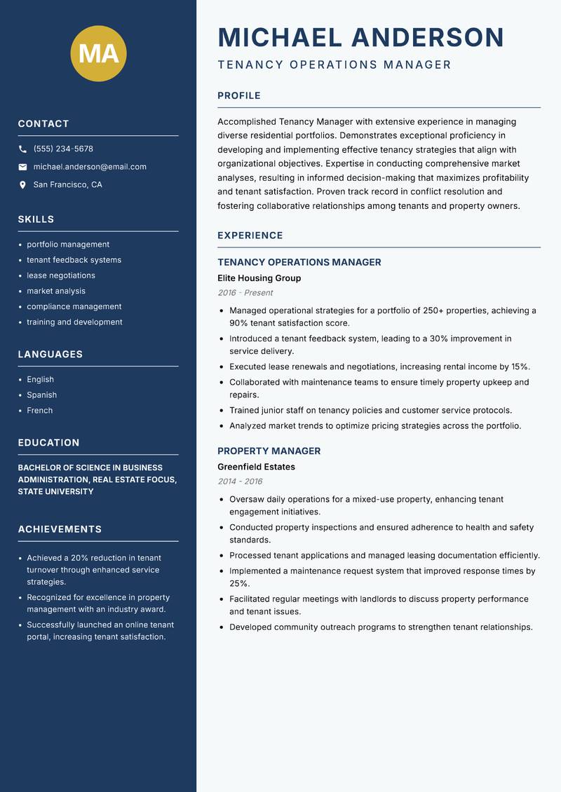 Tenancy Manager resume sample — Tenancy Operations Manager focus