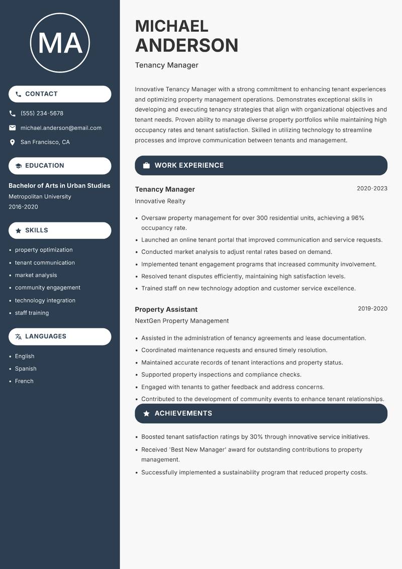 Tenancy Manager resume sample — Tenancy Manager focus