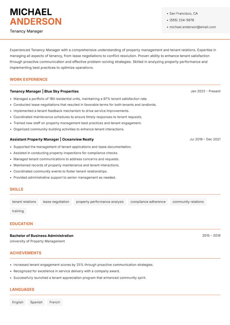 Tenancy Manager resume sample — Tenancy Manager focus