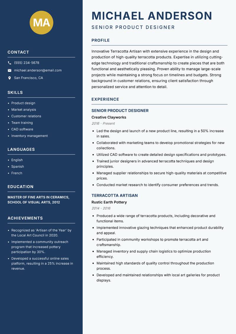 Terracotta Artisan resume sample — Senior Product Designer focus