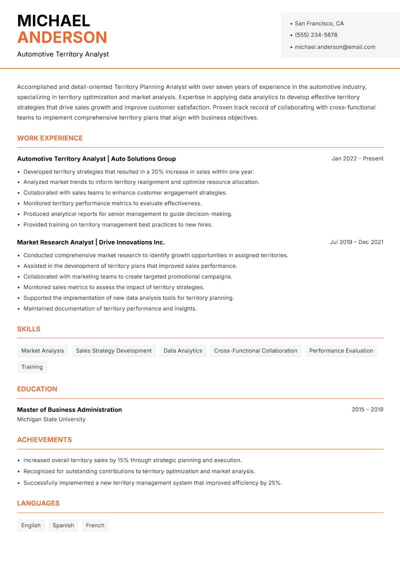 Territory Planning Analyst resume sample — Automotive Territory Analyst focus