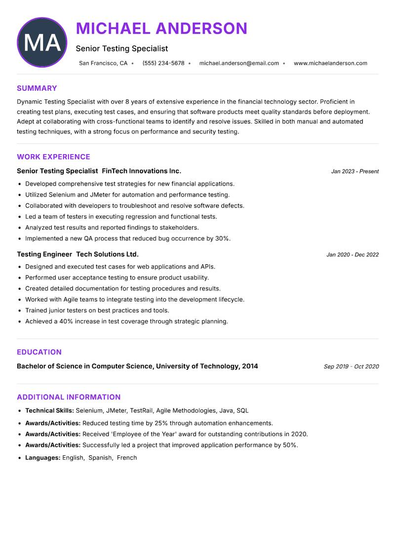 Testing Specialist resume example