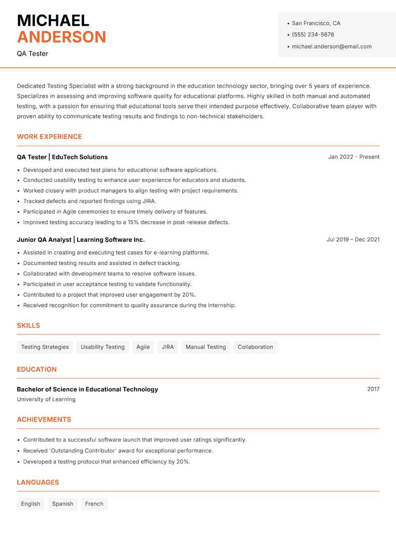 Testing Specialist resume sample — QA Tester focus