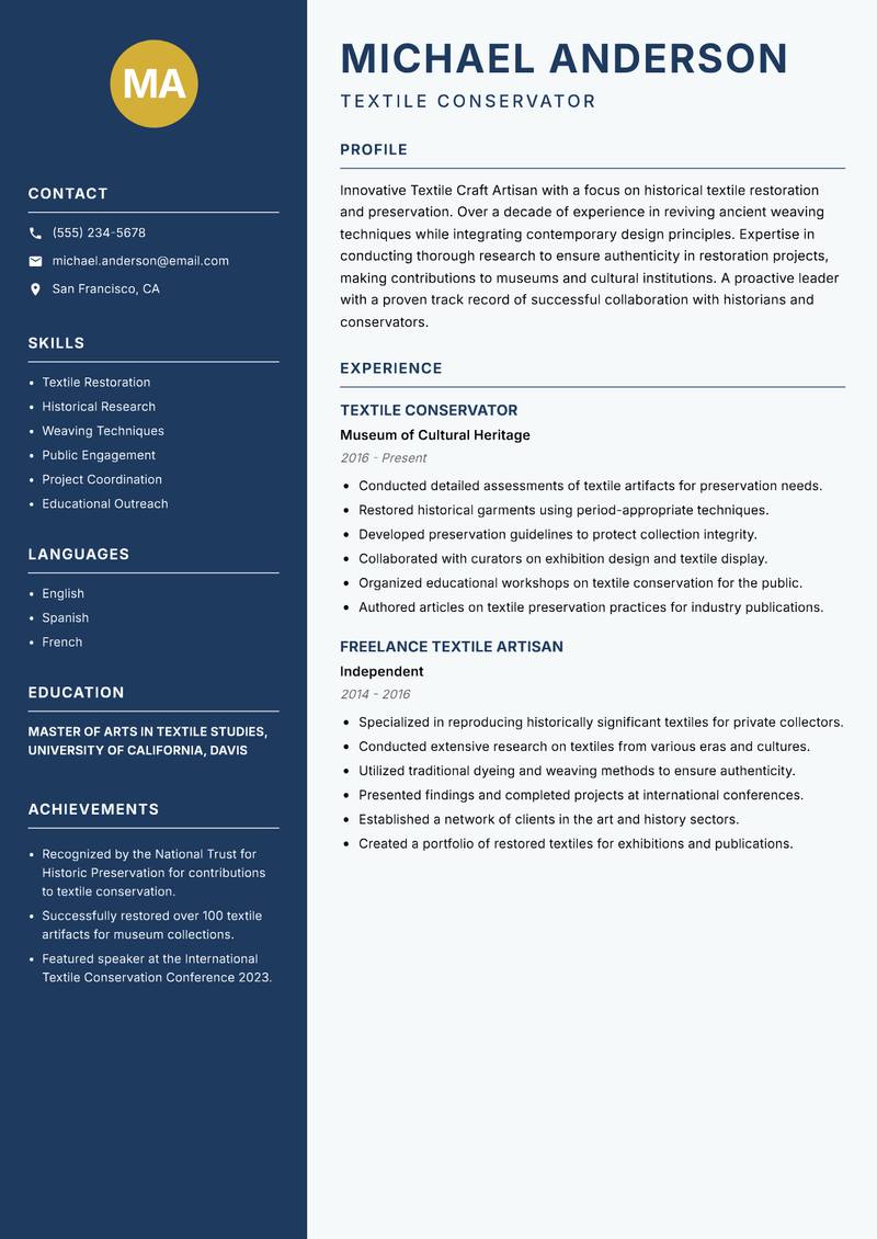 Textile Craft Artisan resume sample — Textile Conservator focus