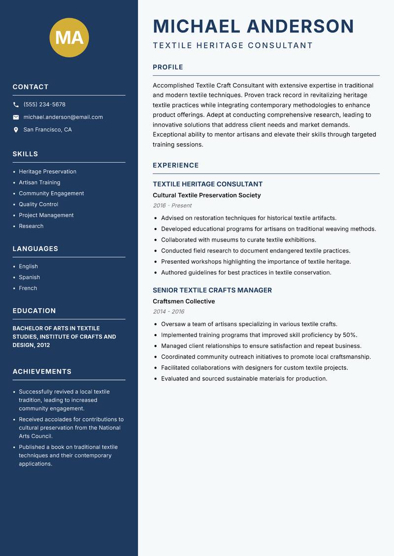 Textile Craft Consultant resume sample — Textile Heritage Consultant focus