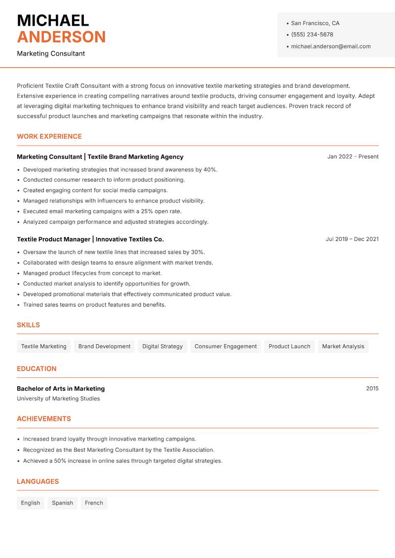 Textile Craft Consultant resume sample — Marketing Consultant focus