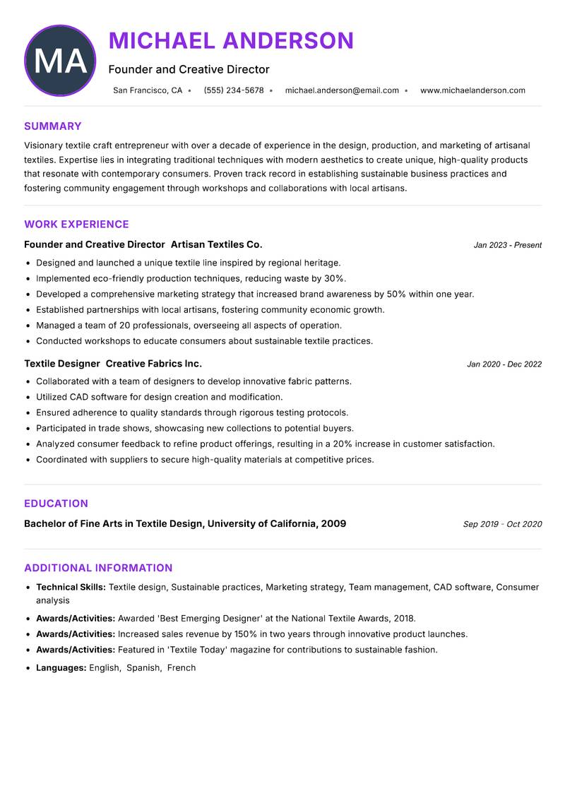 Textile Craft Entrepreneur resume example