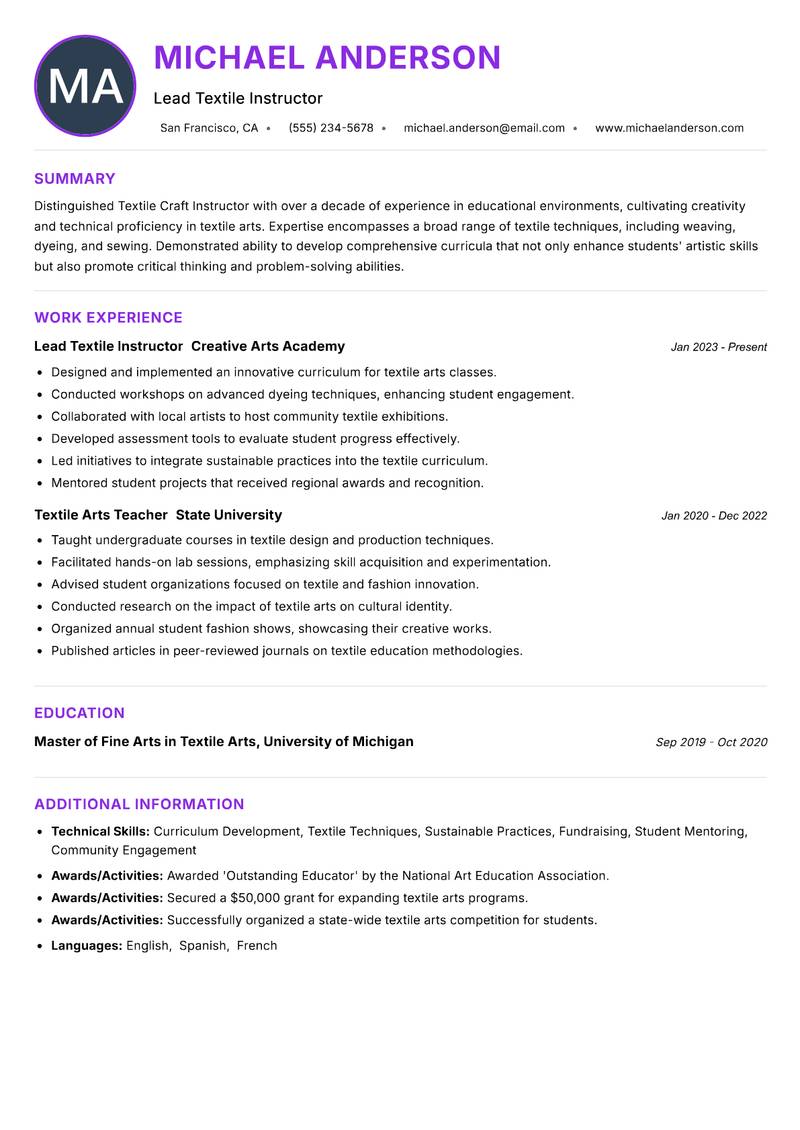 Textile Craft Instructor resume example