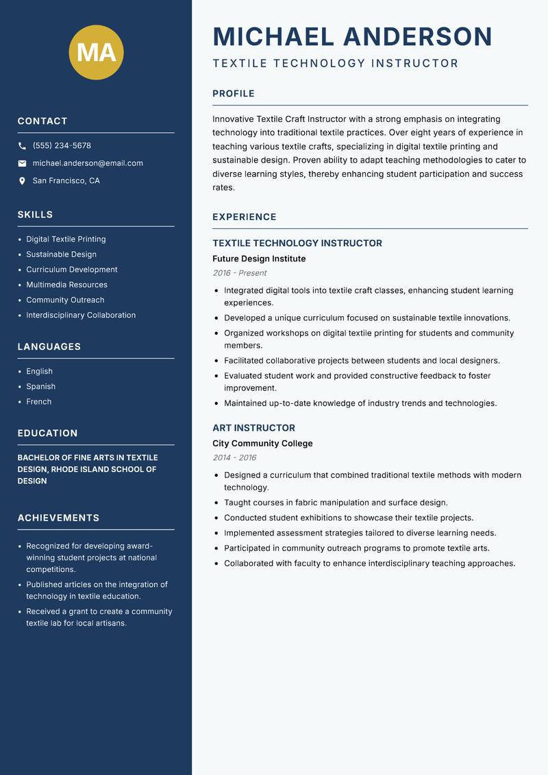 Textile Craft Instructor resume sample — Textile Technology Instructor focus