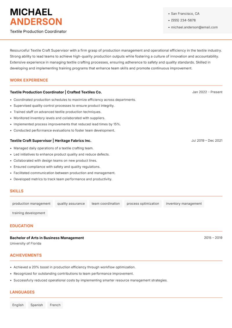 Textile Craft Supervisor resume sample — Textile Production Coordinator focus