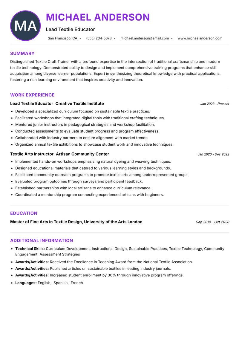 Textile Craft Trainer resume example