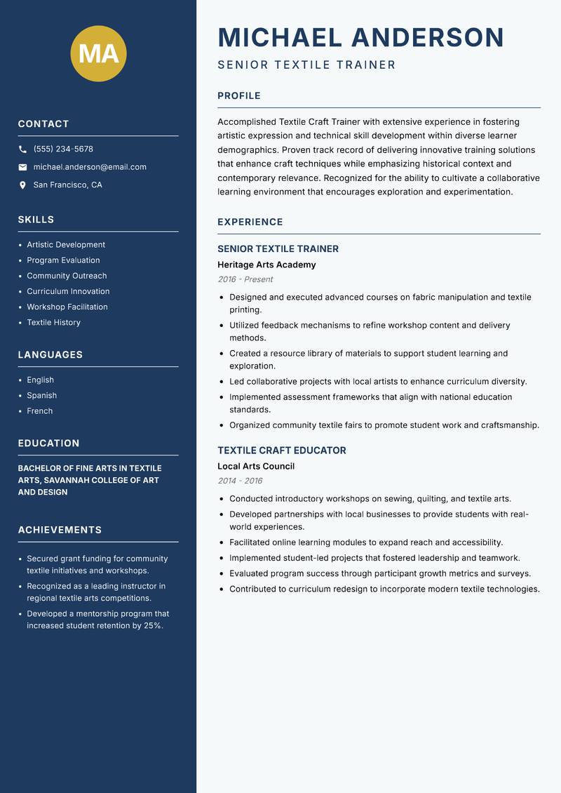 Textile Craft Trainer resume sample — Senior Textile Trainer focus
