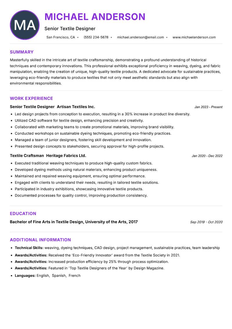 Textile Craftsman resume example