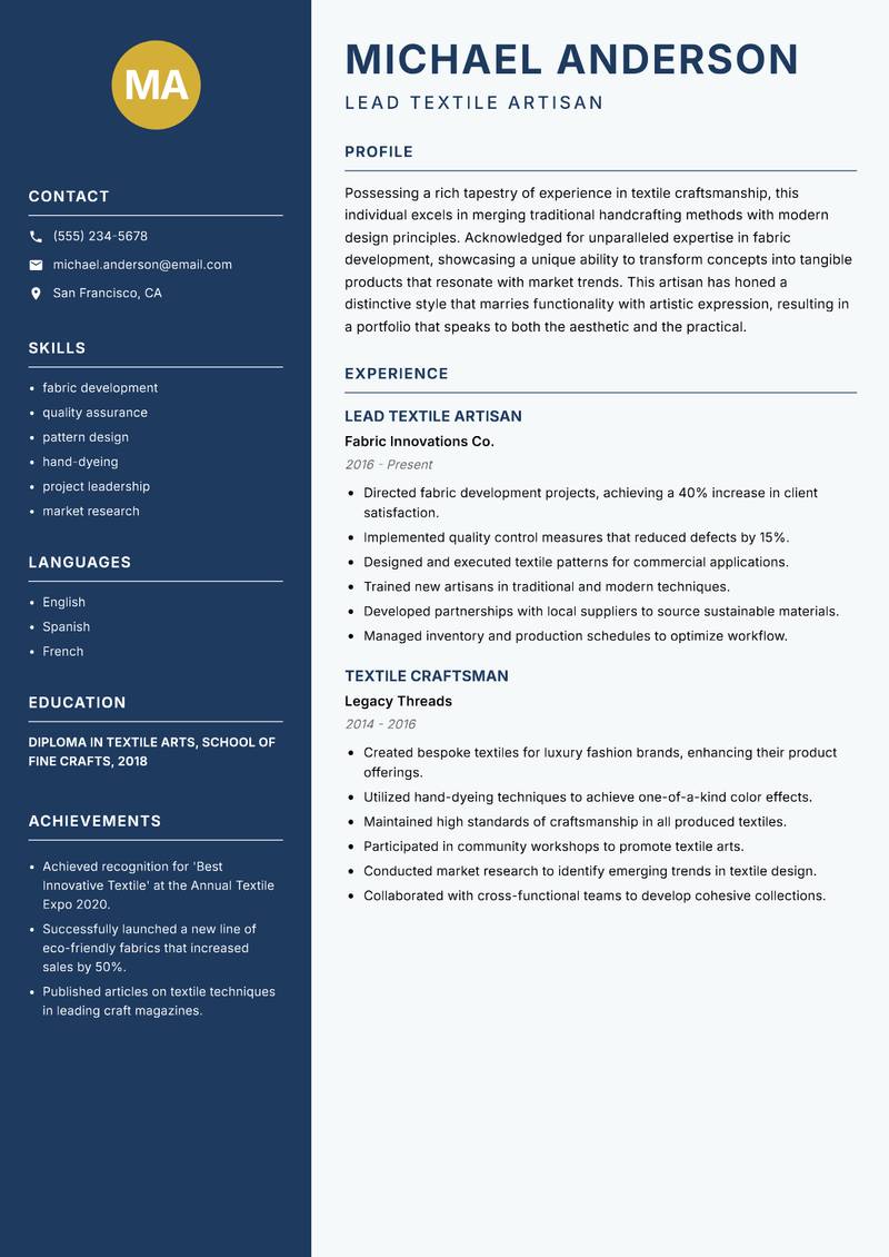 Textile Craftsman resume sample — Lead Textile Artisan focus