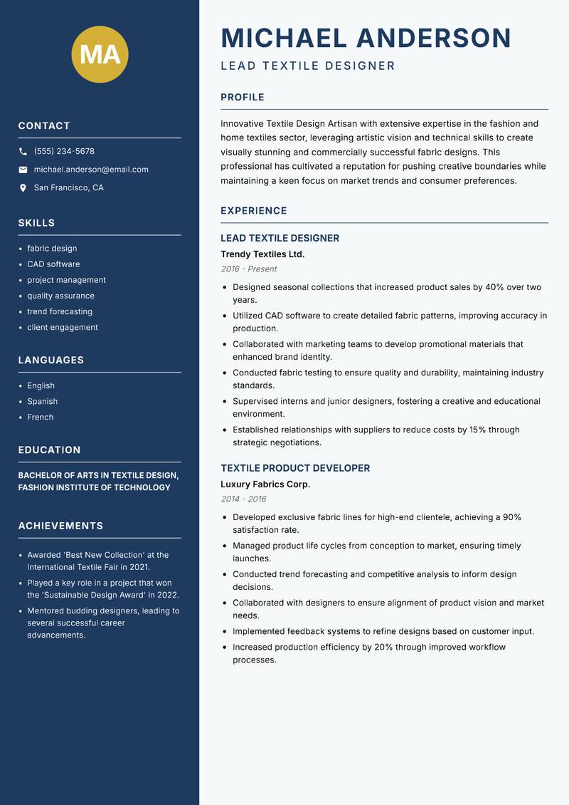 Textile Design Artisan resume sample — Lead Textile Designer focus