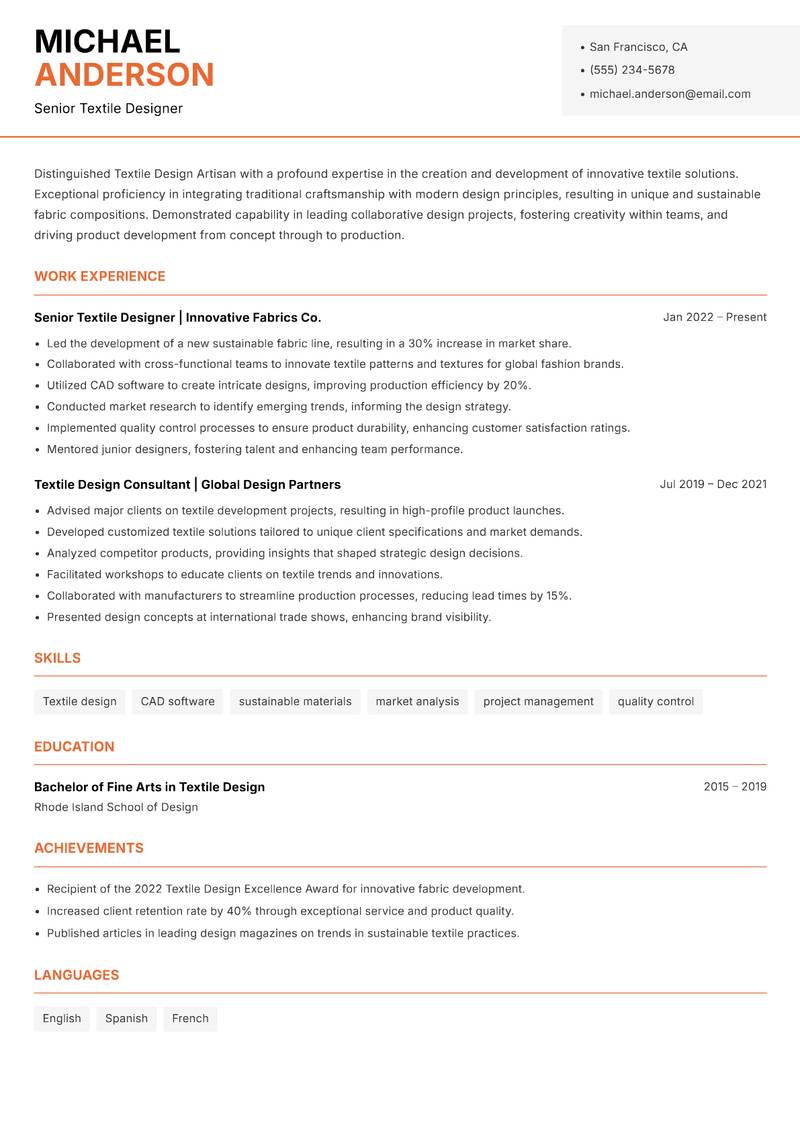 Textile Design Artisan resume sample — Senior Textile Designer focus
