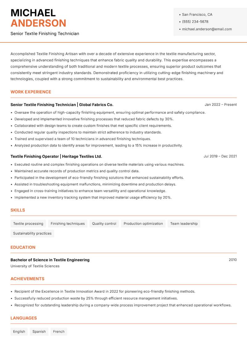 Textile Finishing Artisan resume sample — Senior Textile Finishing Technician focus